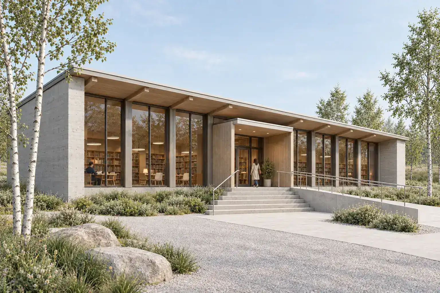 Daylight library pavilion render derived from the same synthetic 3ds Max-style camera view