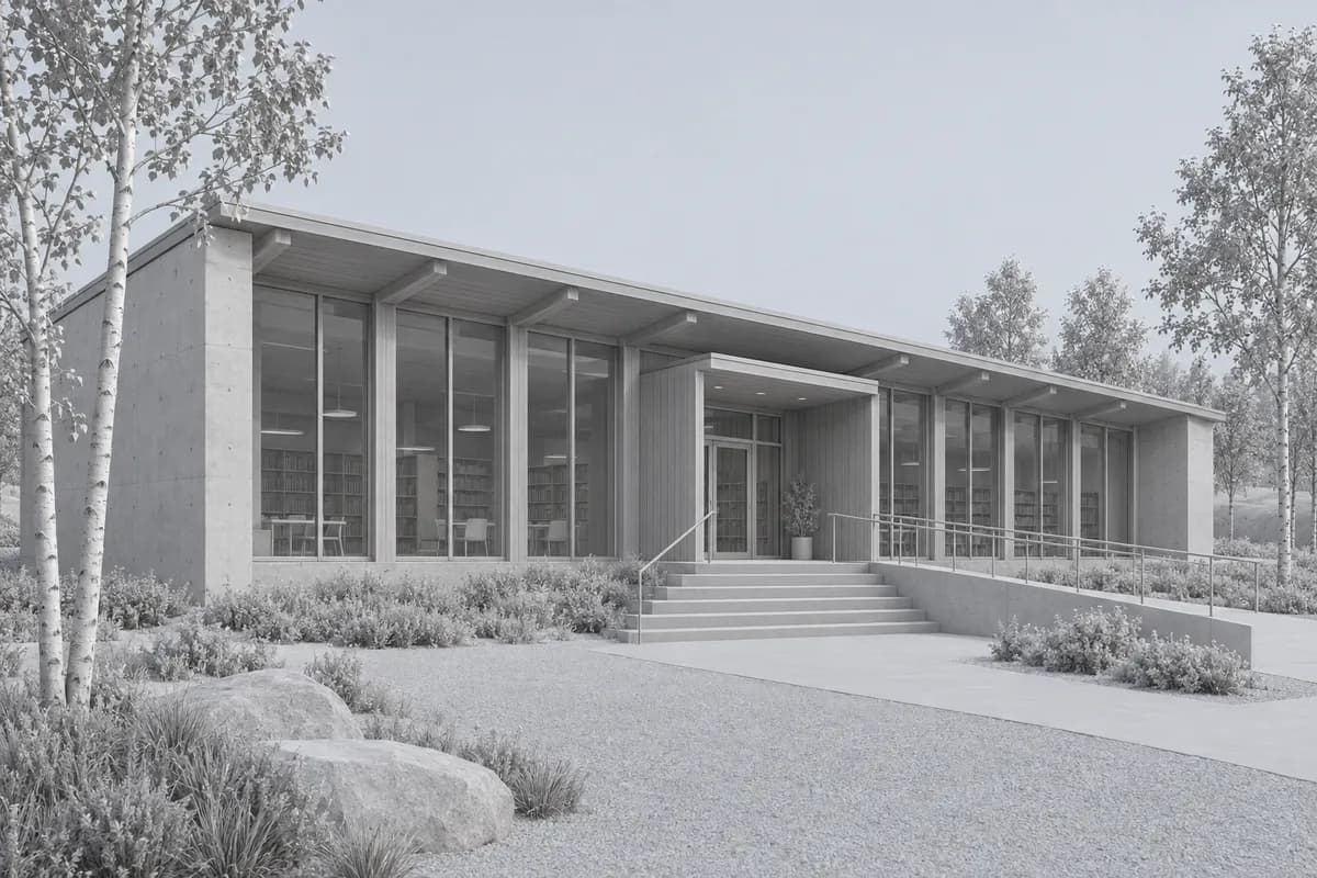 Synthetic clean 3ds Max-style clay camera view of a library pavilion