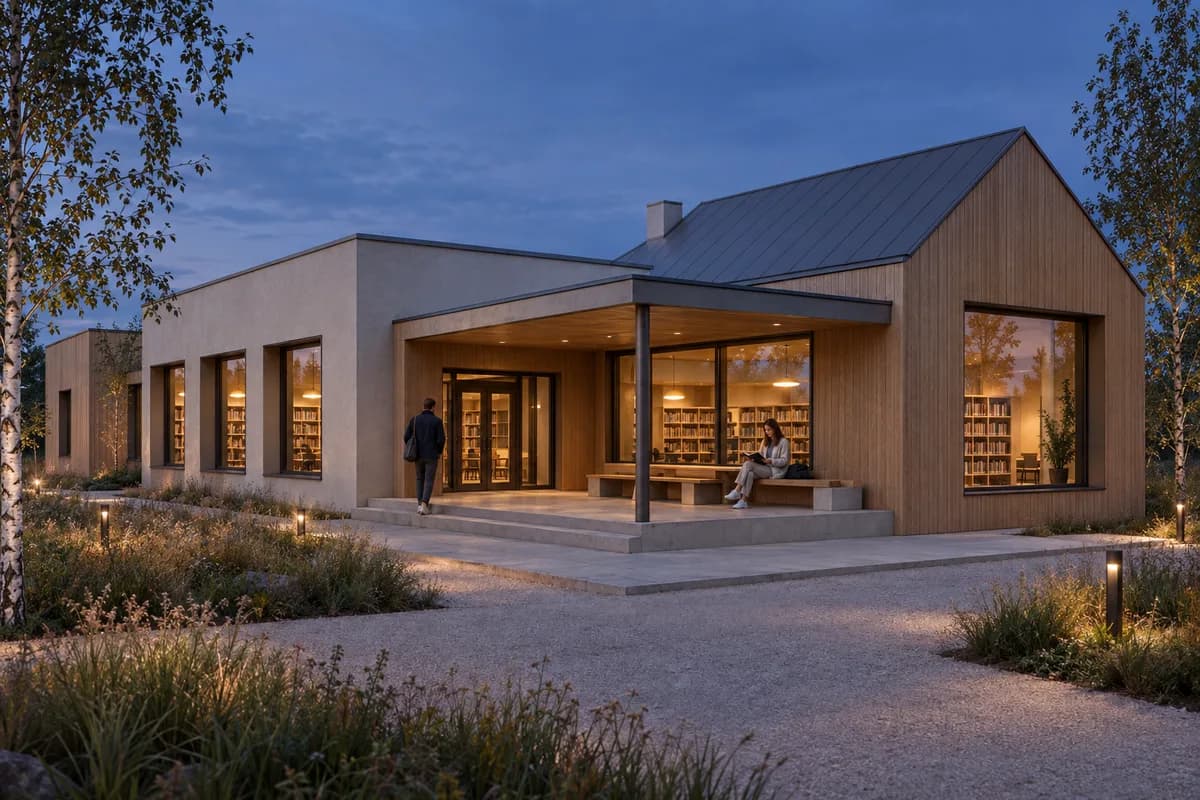 Blue-hour library pavilion study derived from the same synthetic BIM-style view
