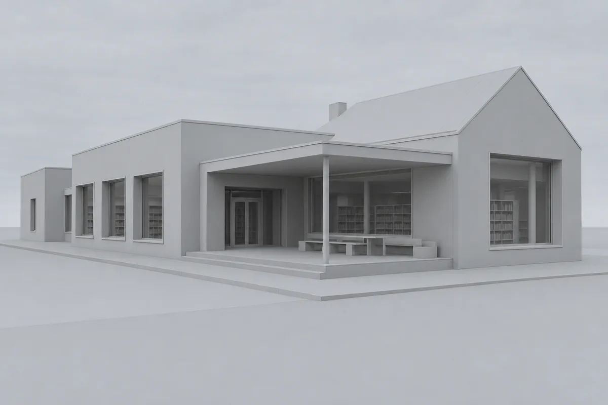 Synthetic BIM-style view of a Nordic library pavilion used for an Archicad rendering tool test