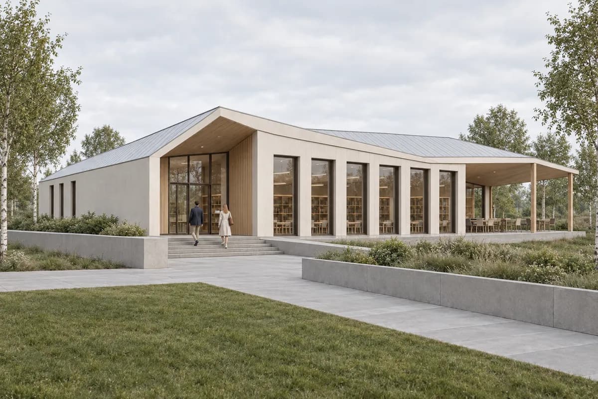 Daylight render derived from the same synthetic AutoCAD-style 3D pavilion view