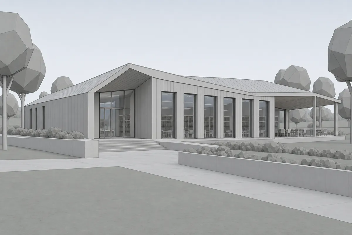 Synthetic clean AutoCAD-style 3D pavilion view used for a rendering tool test