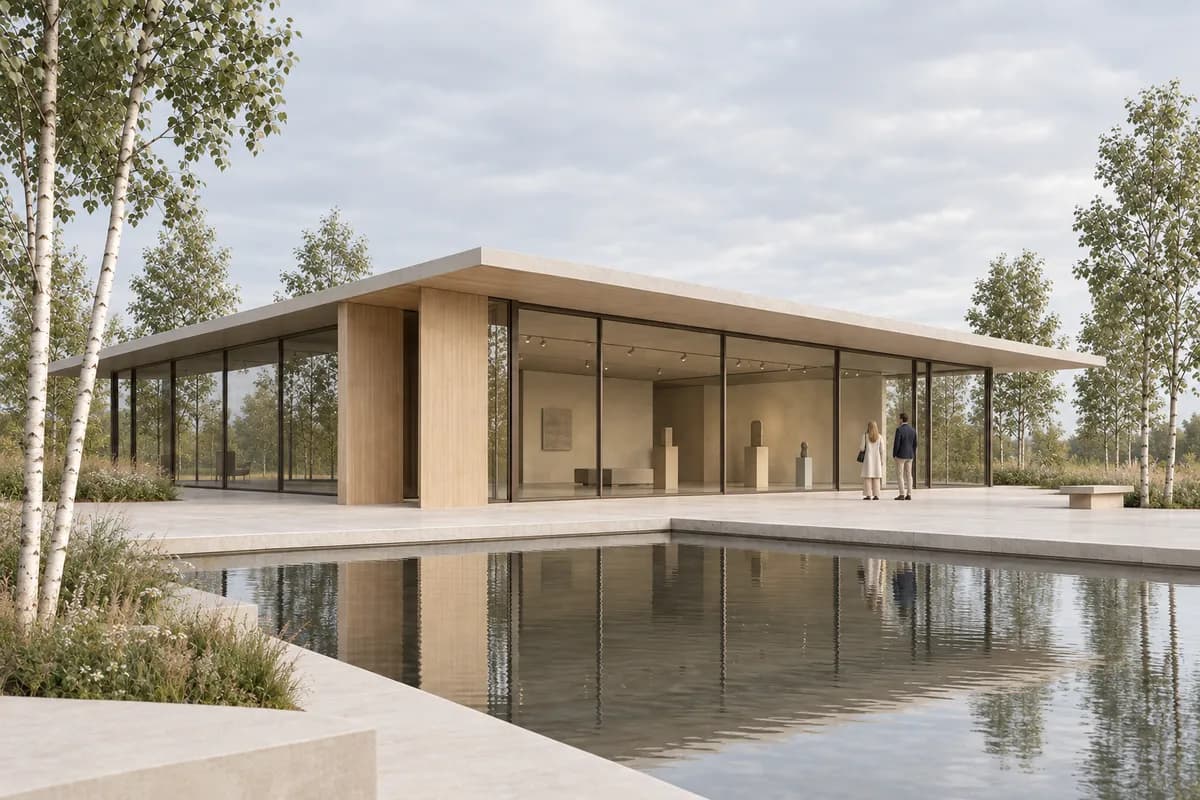 Daylight pavilion render derived from the same synthetic Cinema 4D-style camera view