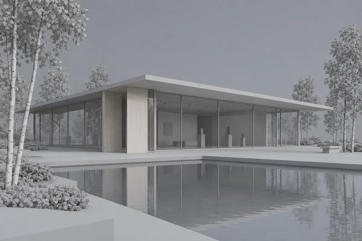 Synthetic clean Cinema 4D-style pavilion camera view used for a rendering workflow test