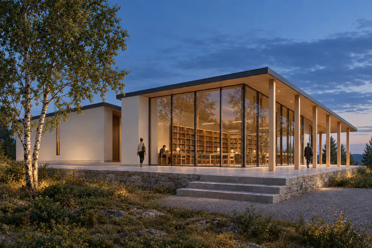 Blue-hour pavilion render derived from a synthetic real-time model view