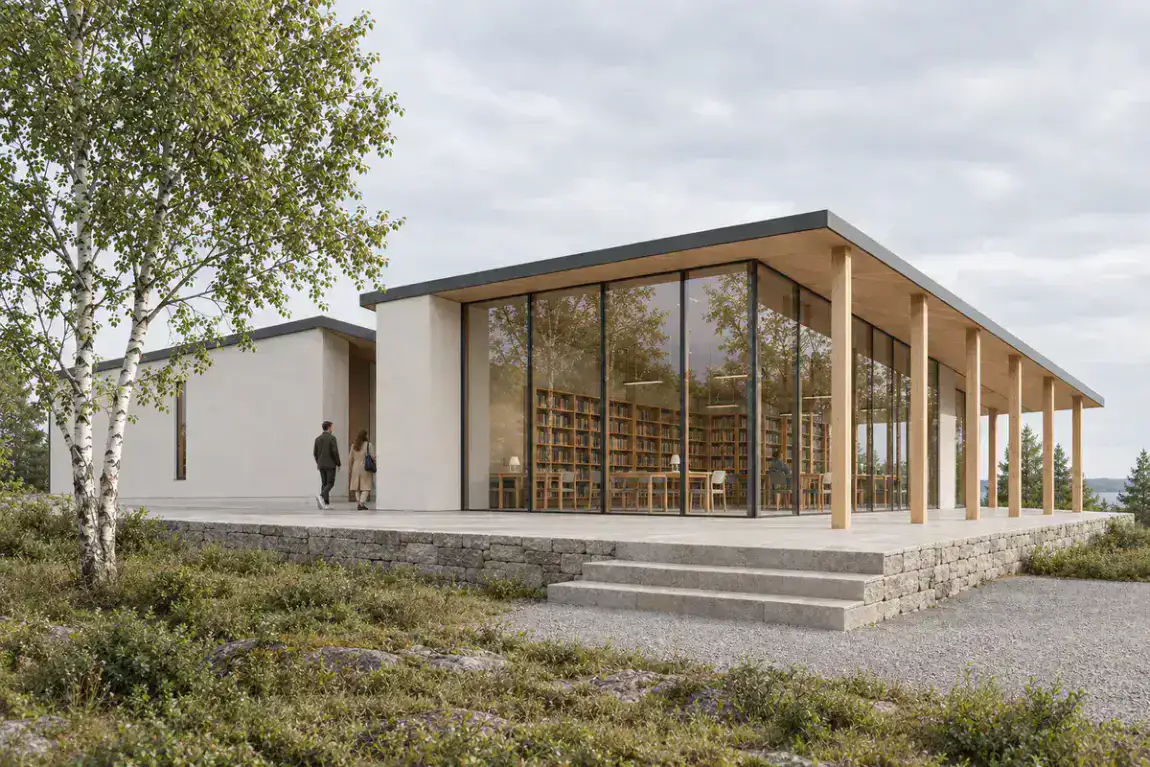 Daylight pavilion render derived from the same synthetic model view