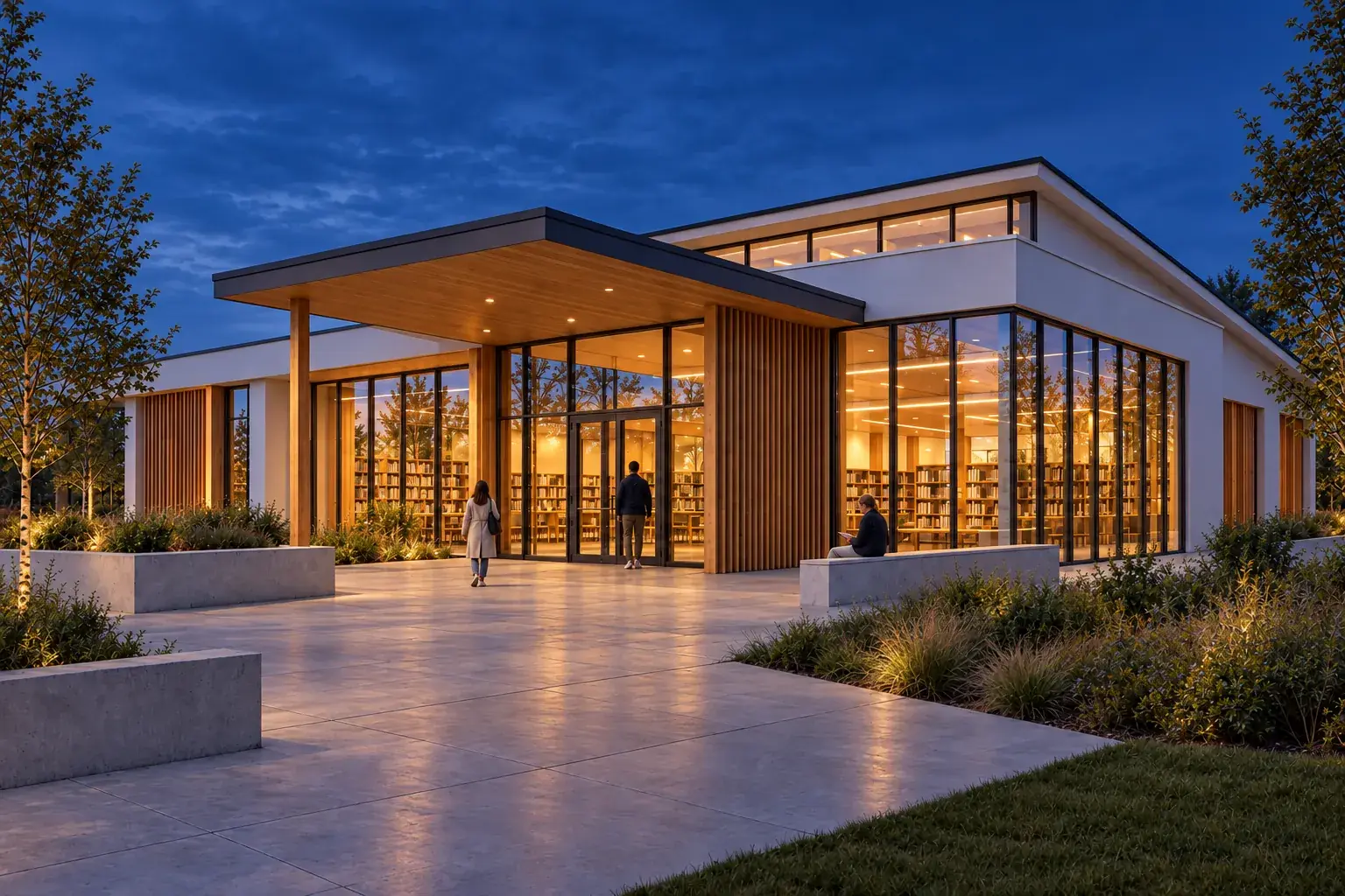 Blue-hour library pavilion render derived from a synthetic Revit-style model view
