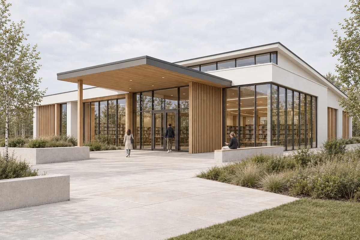 Daylight pavilion render derived from the same synthetic Revit-style model view