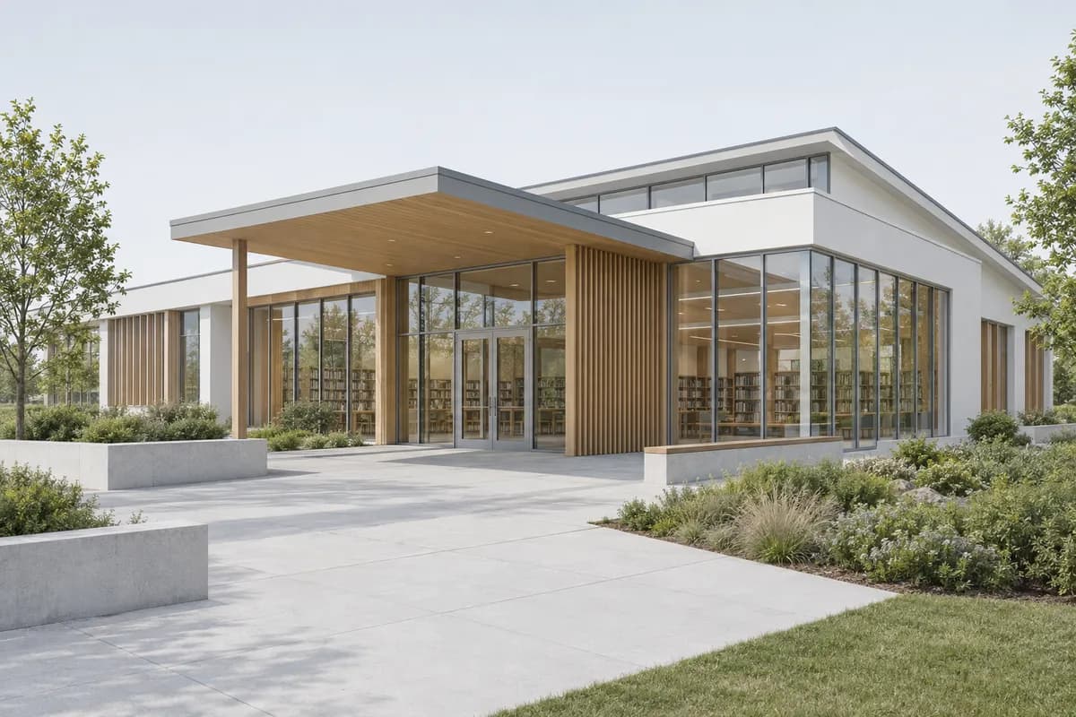 Synthetic clean Revit-style pavilion view used for an AI rendering tool test