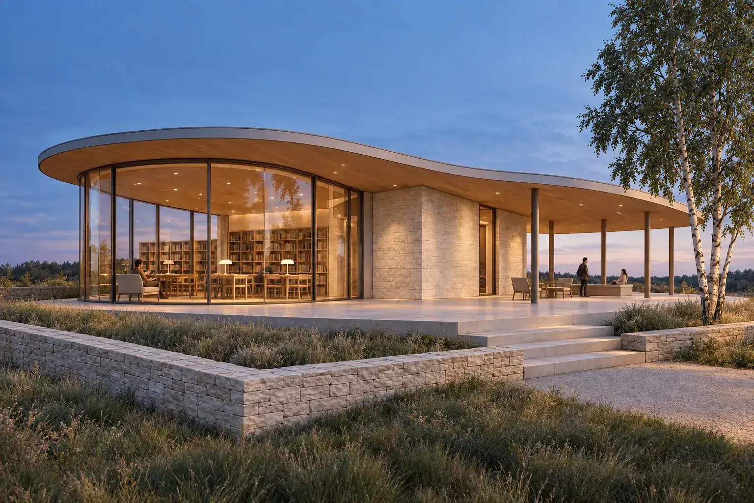 Blue-hour library pavilion render derived from a synthetic Rhino-style model view