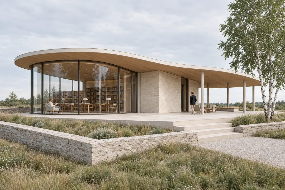 Daylight render derived from the same synthetic Rhino-style pavilion view
