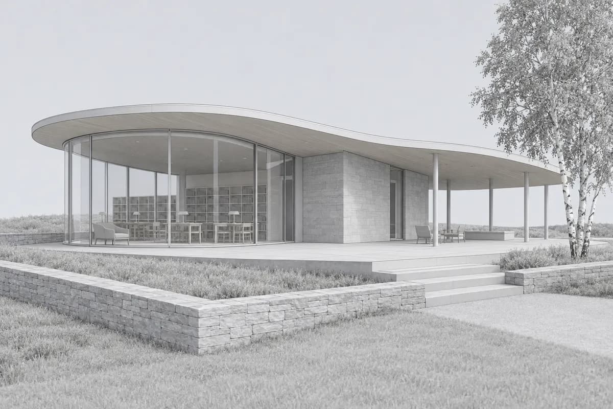 Synthetic clean Rhino-style pavilion view used for a rendering workflow comparison