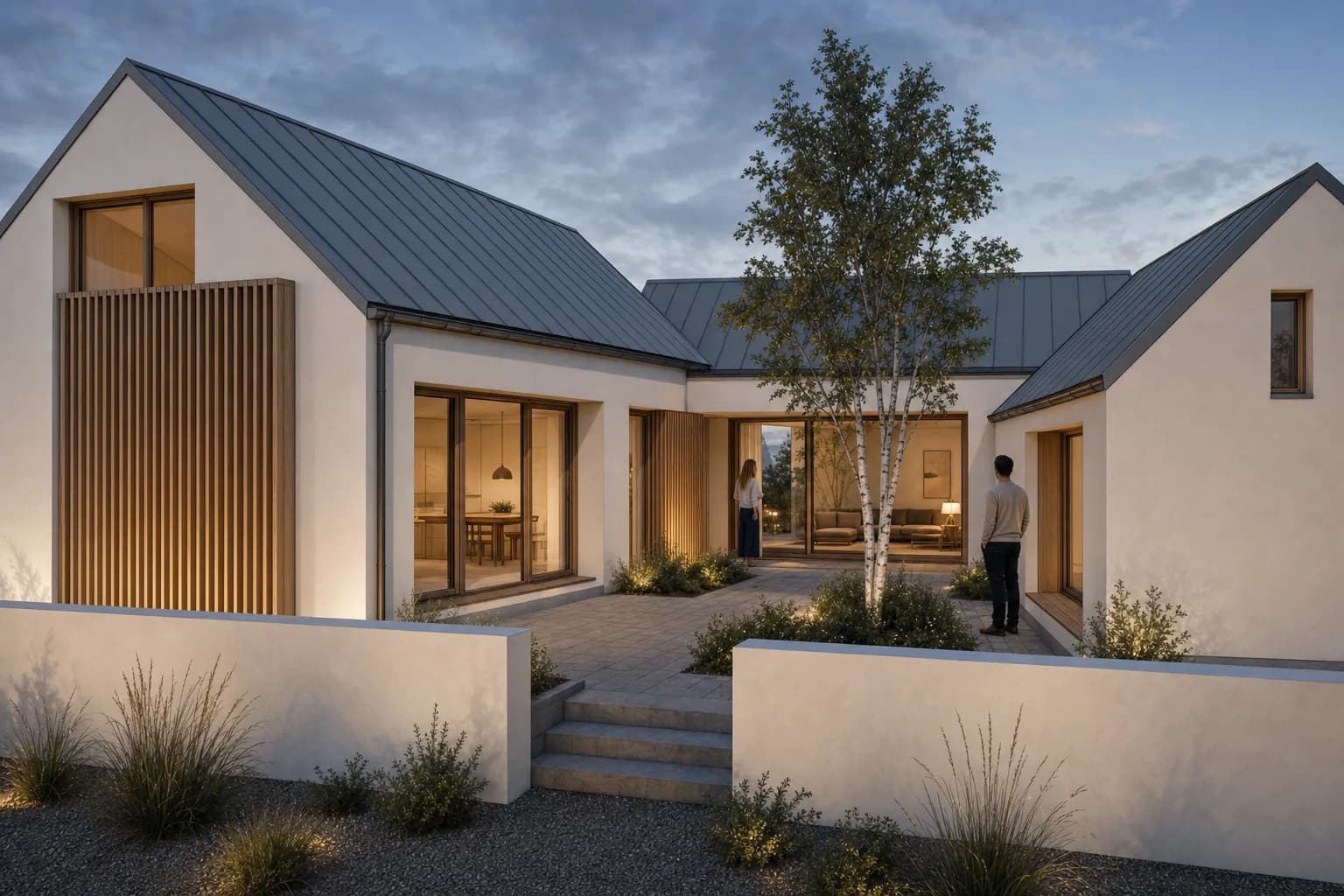 Blue-hour render derived from a synthetic SketchUp-style courtyard house view