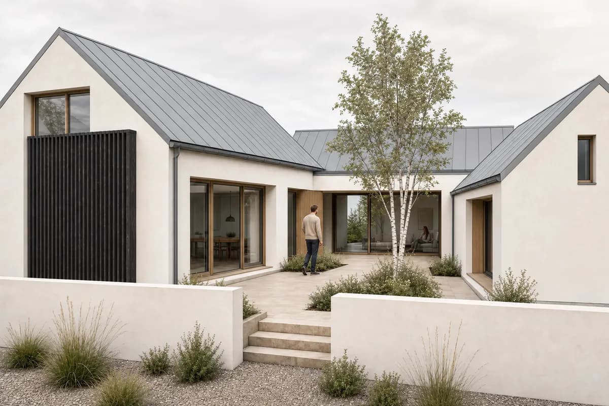 The same daylight render after one local edit that changes only the left gable screen to charred timber