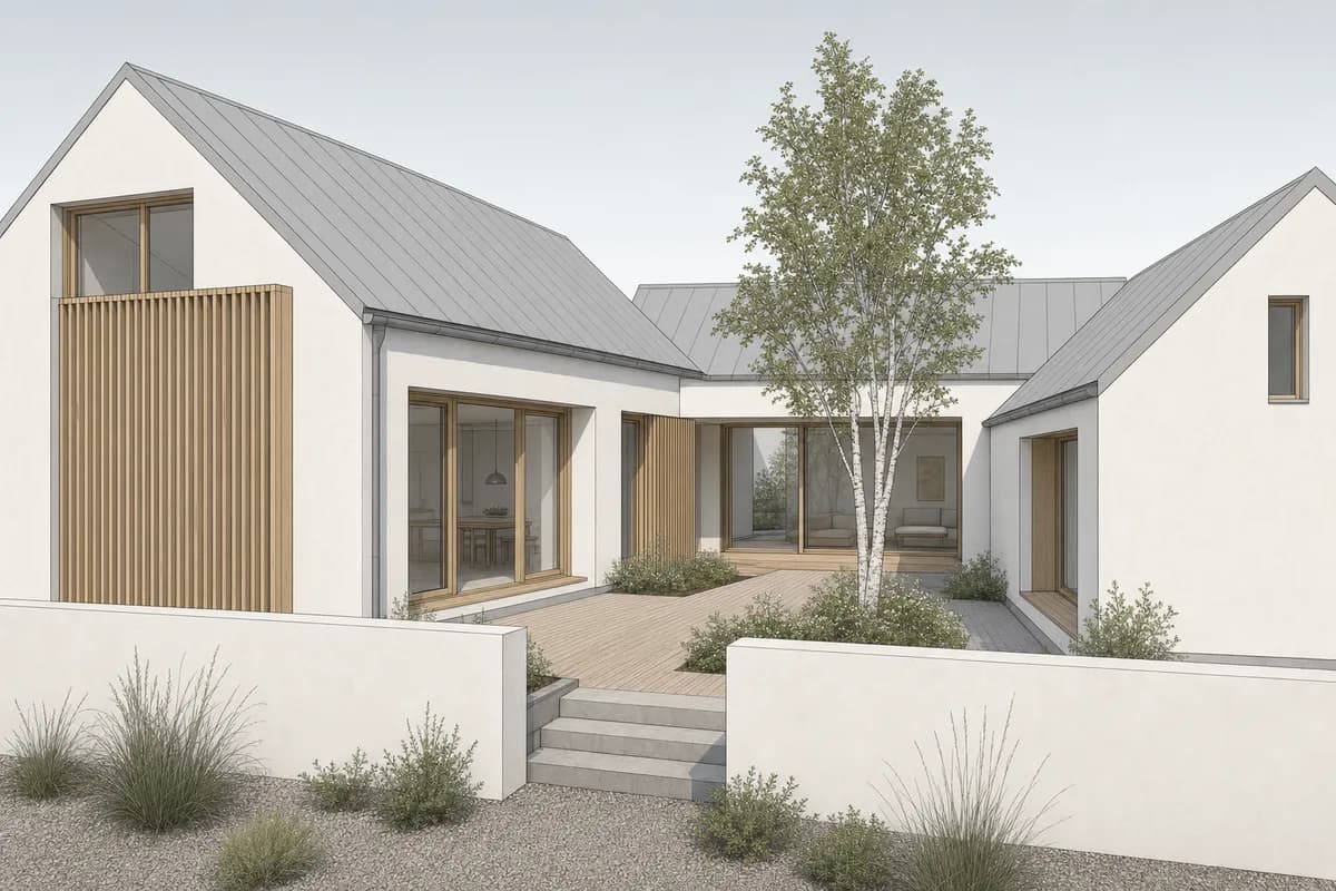 Synthetic clean SketchUp-style courtyard house view used for a rendering tool test
