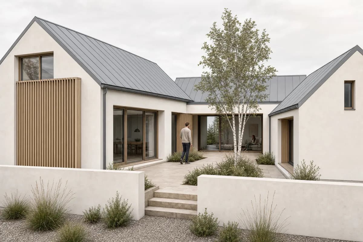 Daylight render derived from the same synthetic SketchUp-style courtyard house view