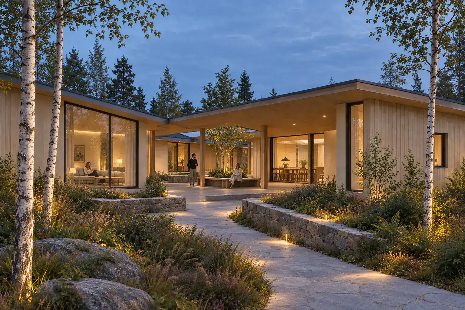 Blue-hour pavilion render derived from a synthetic Vectorworks-style model view