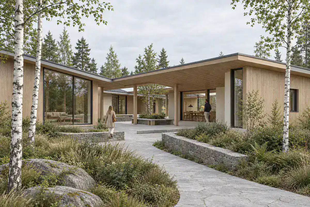 Daylight pavilion render derived from the same synthetic Vectorworks-style model view