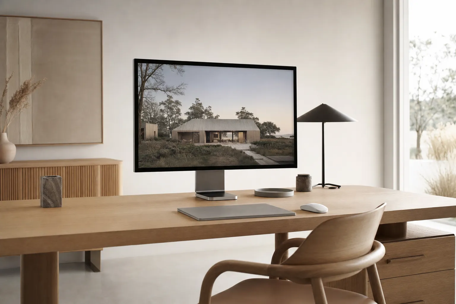 A calm workspace showing an architectural render on screen