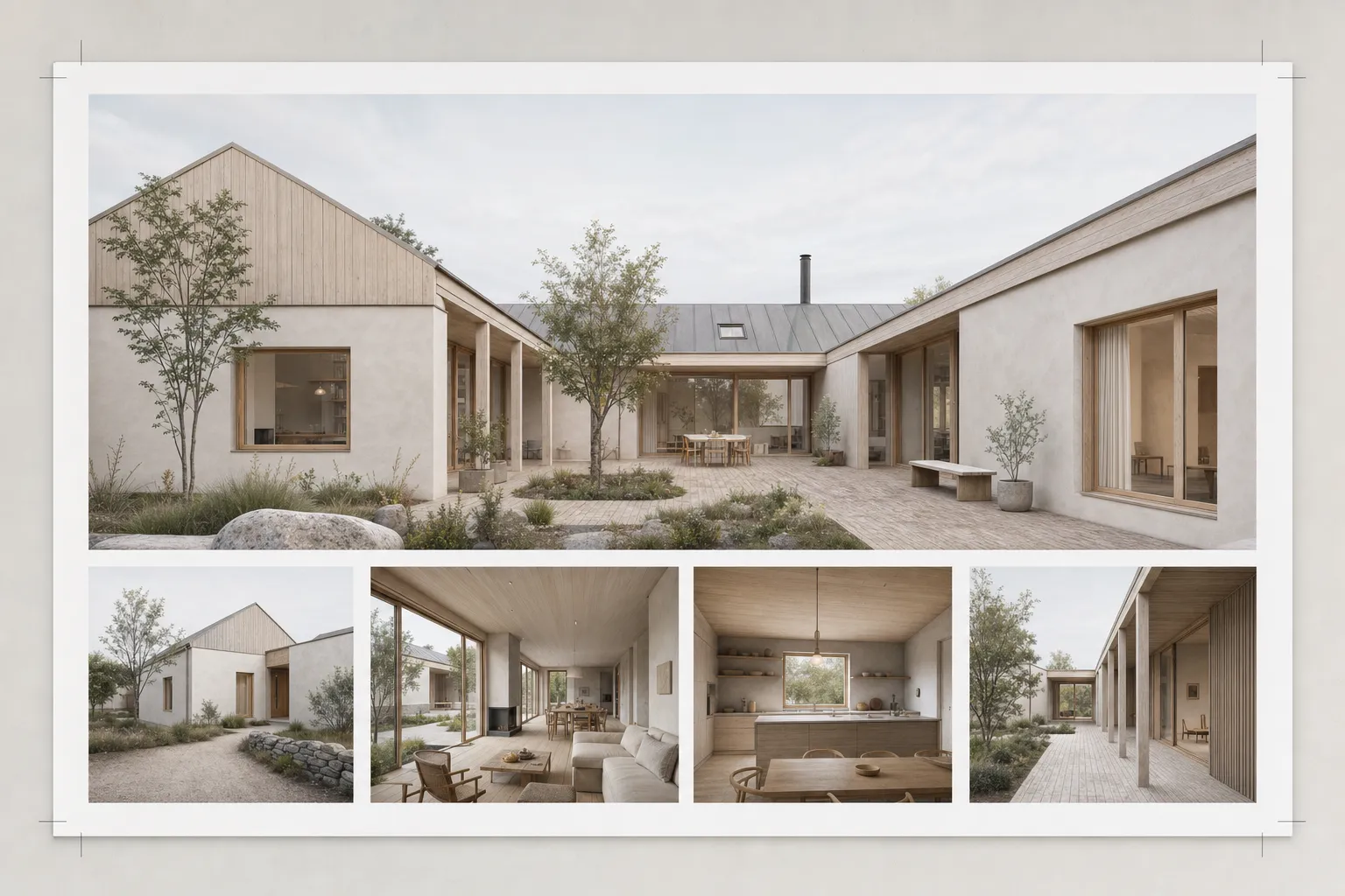 Architecture presentation board with one lead render and supporting views