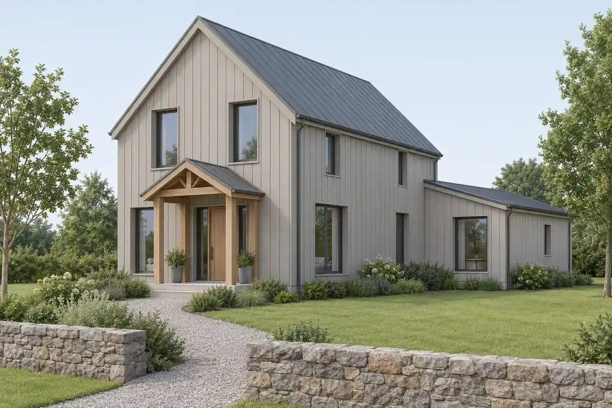 Synthetic clean Chief Architect-style camera view of a Nordic family house before rendering