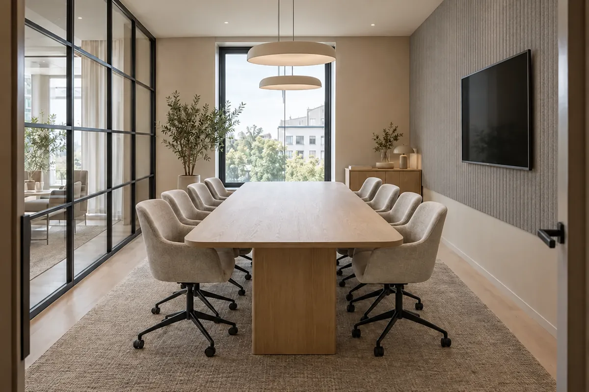 Meeting room after a focused acoustic-panel material edit