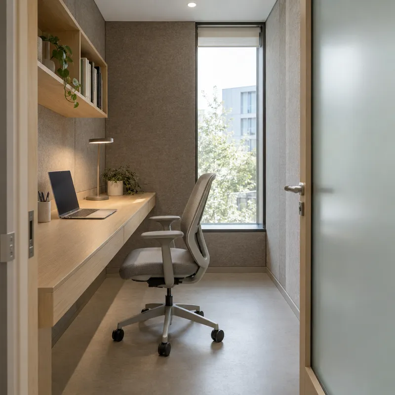 Compact office focus room with acoustic felt and built-in desk