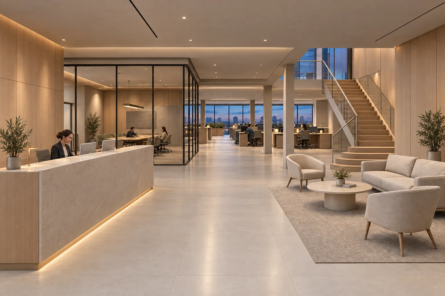 Blue-hour commercial interior render of a warm office reception and workplace