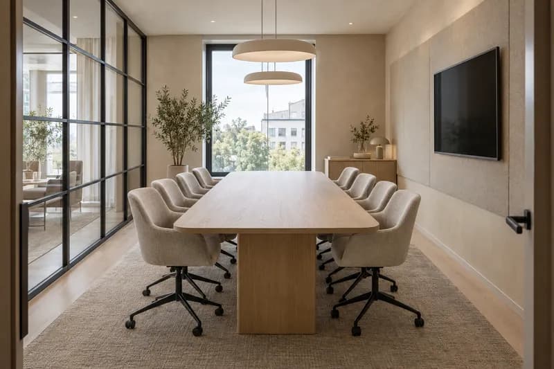 Office meeting room render with acoustic panels and glazed partition