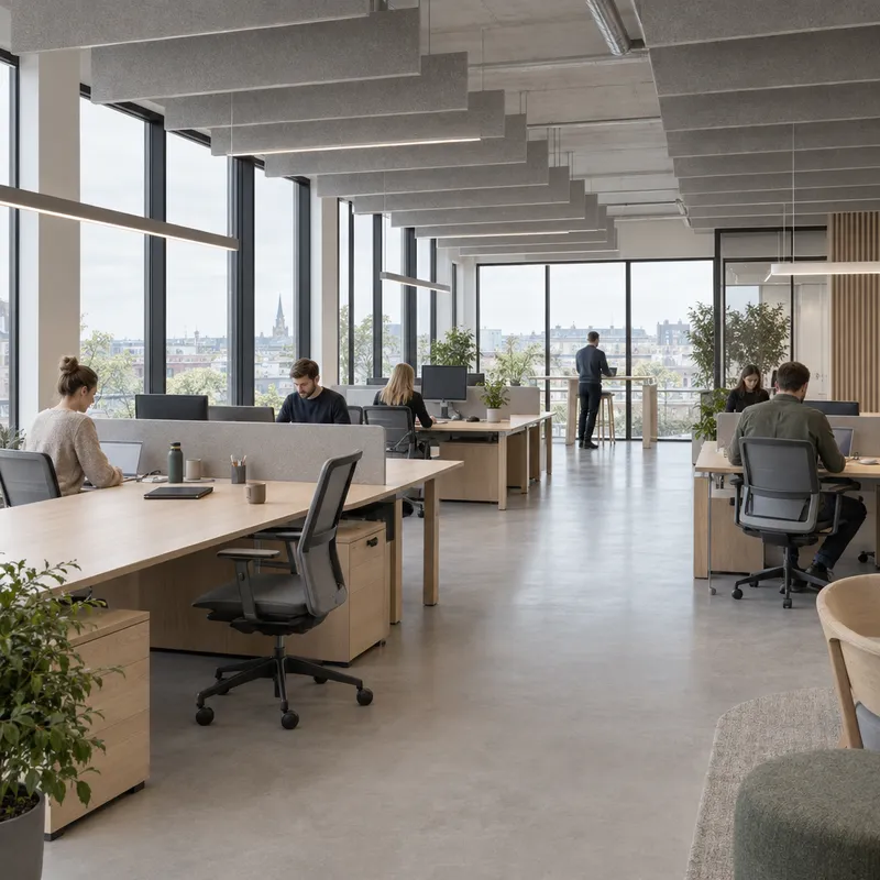 Open office render with clear circulation and acoustic ceiling baffles