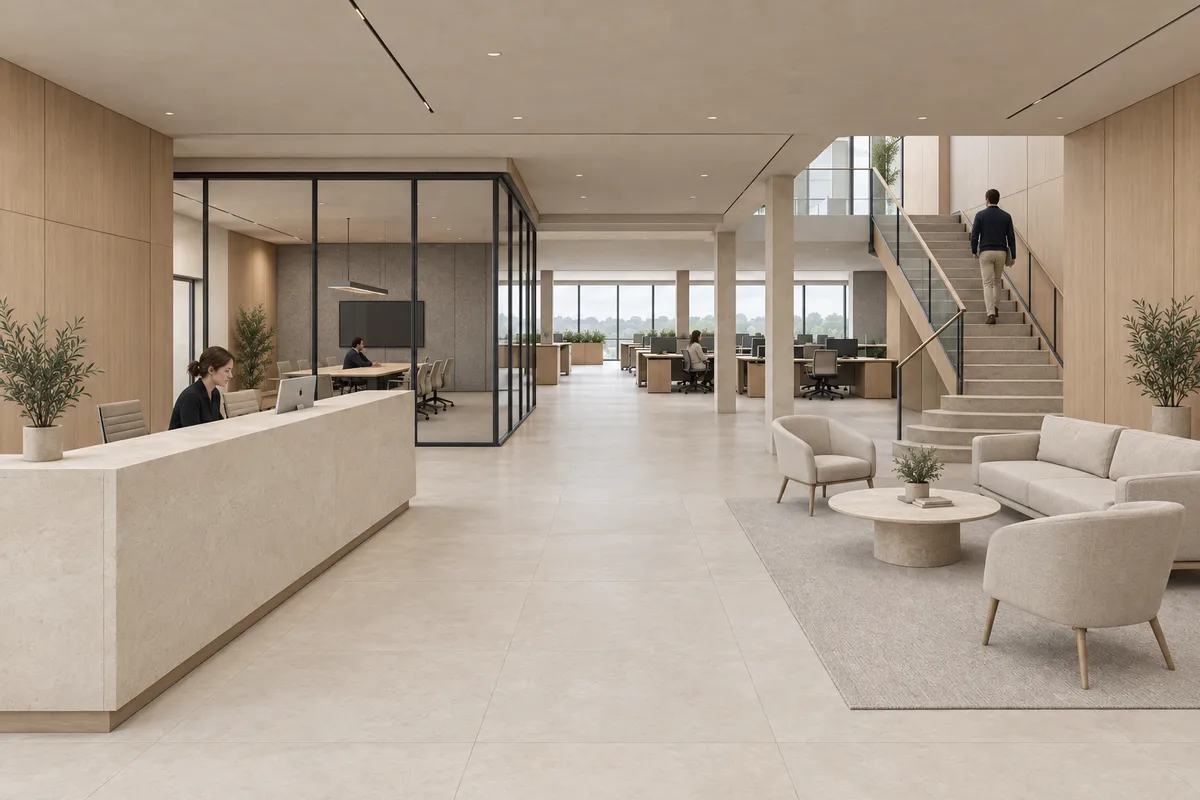 Daylight office render derived from the same synthetic workplace model