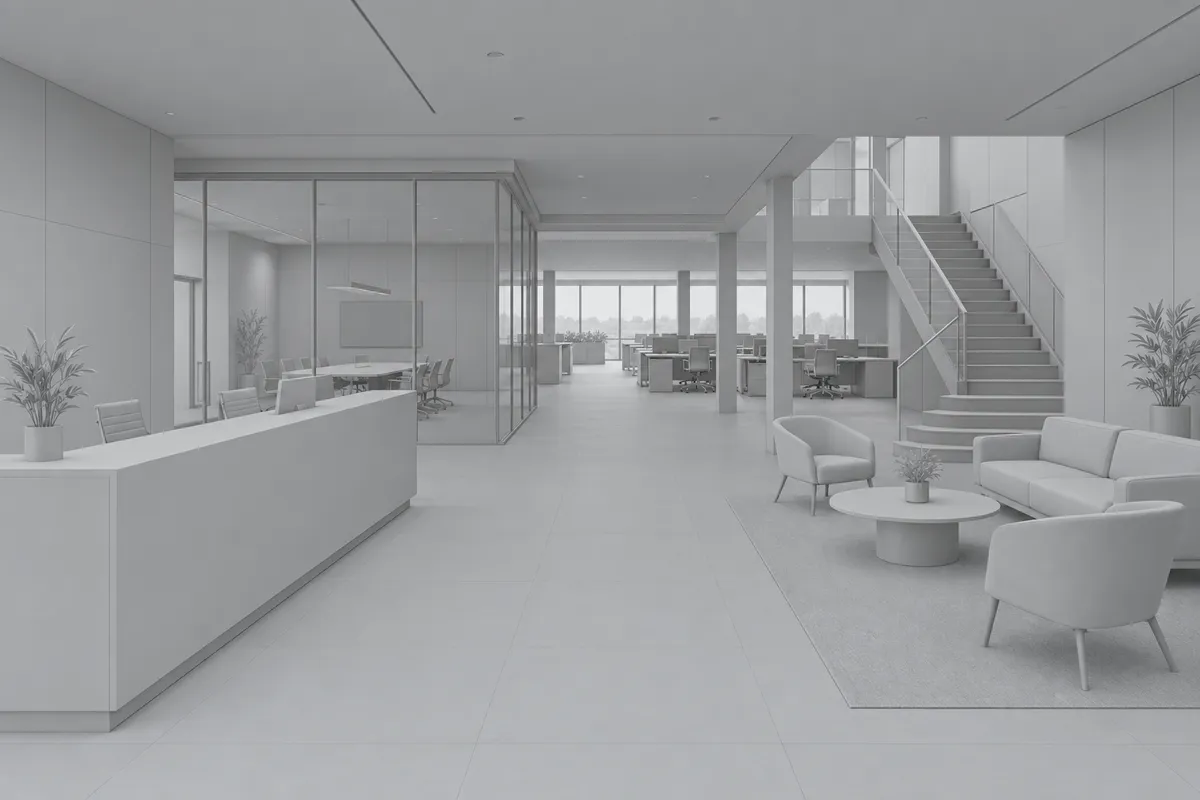 Synthetic clay model view of an office reception and workplace before rendering