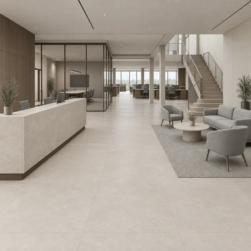 Mineral and smoked oak palette applied to the same office reception model
