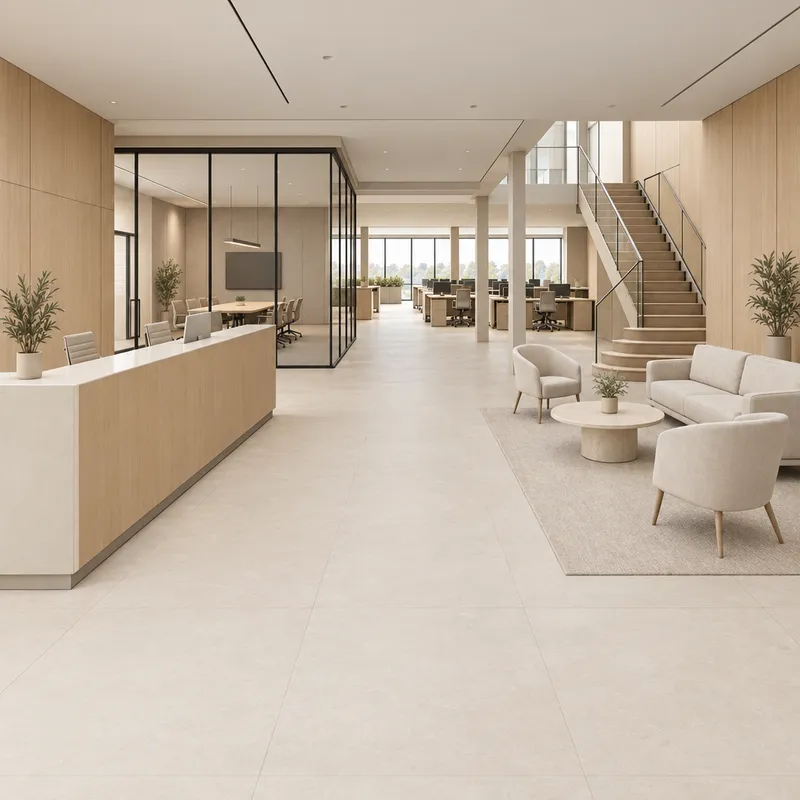 Warm timber palette applied to the same office reception model