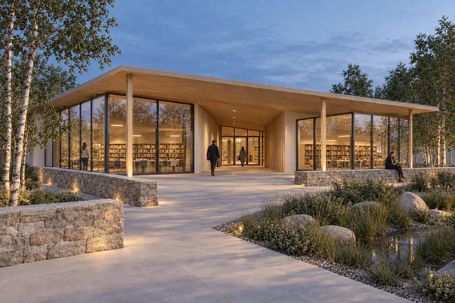 Blue-hour library pavilion render derived from a synthetic real-time model view