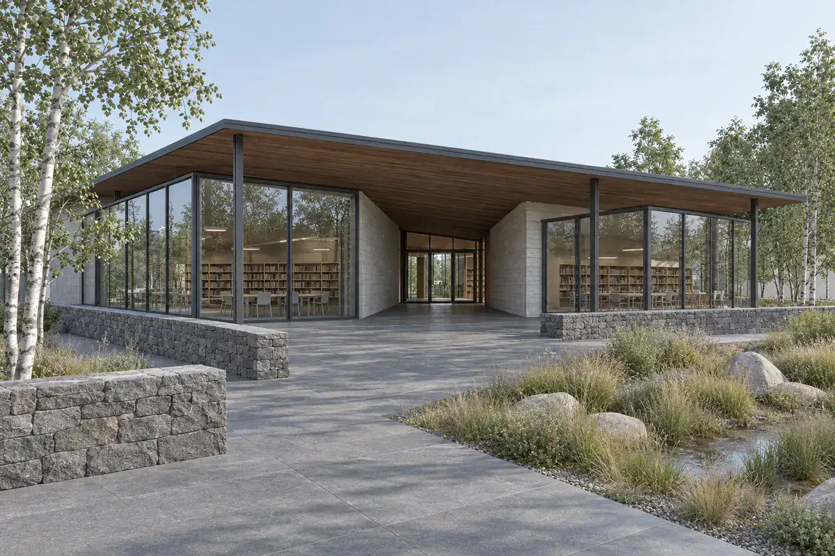Concrete and timber material study derived from the same synthetic library pavilion view