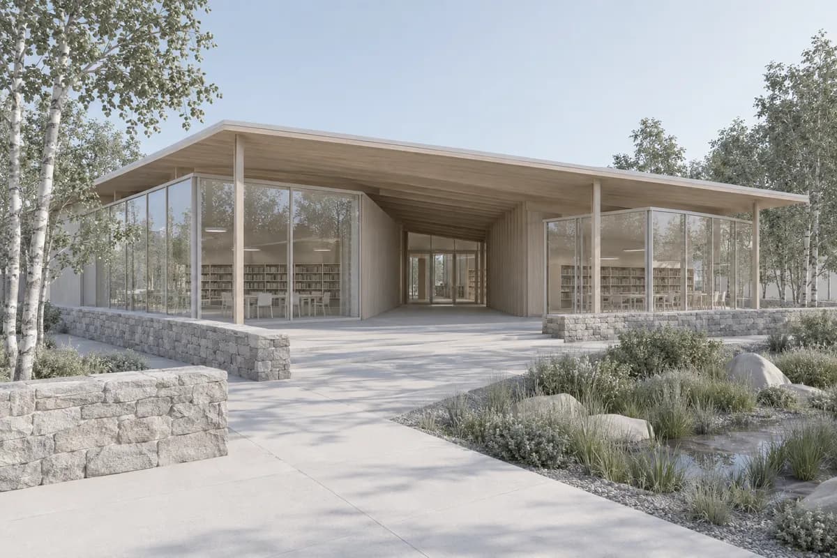 Synthetic real-time model view of a Nordic library pavilion used for a workflow comparison
