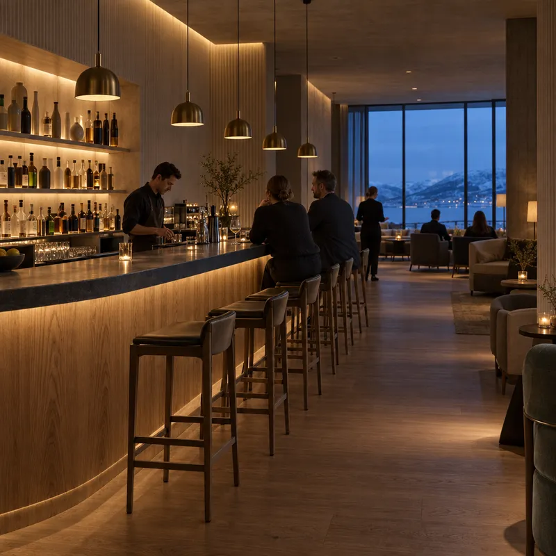 Nordic hotel bar with clear stool spacing and layered evening light