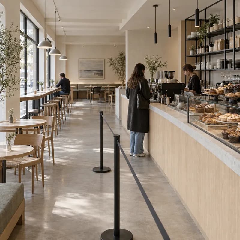 Compact cafe with a clear ordering zone and window seating