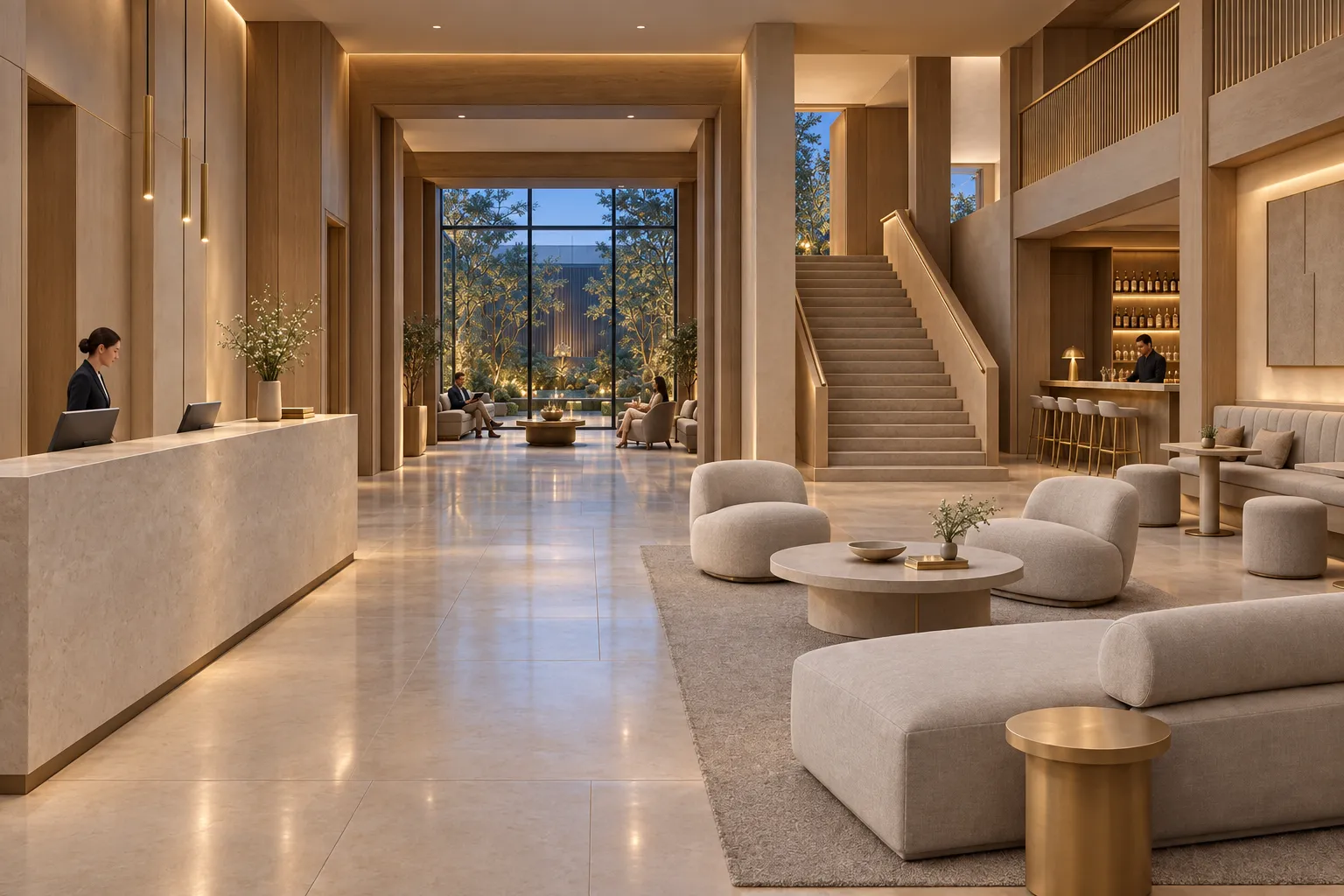 Blue-hour hospitality render of a Nordic boutique hotel lobby
