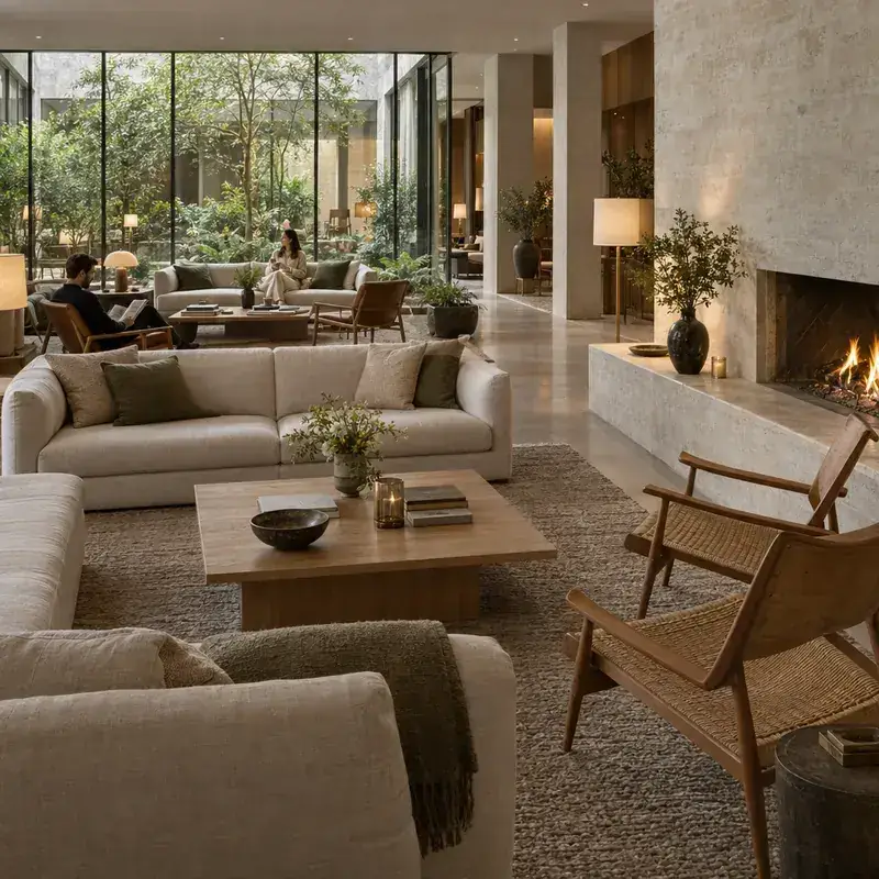 Boutique hotel lounge with plausible seating groups and clear paths