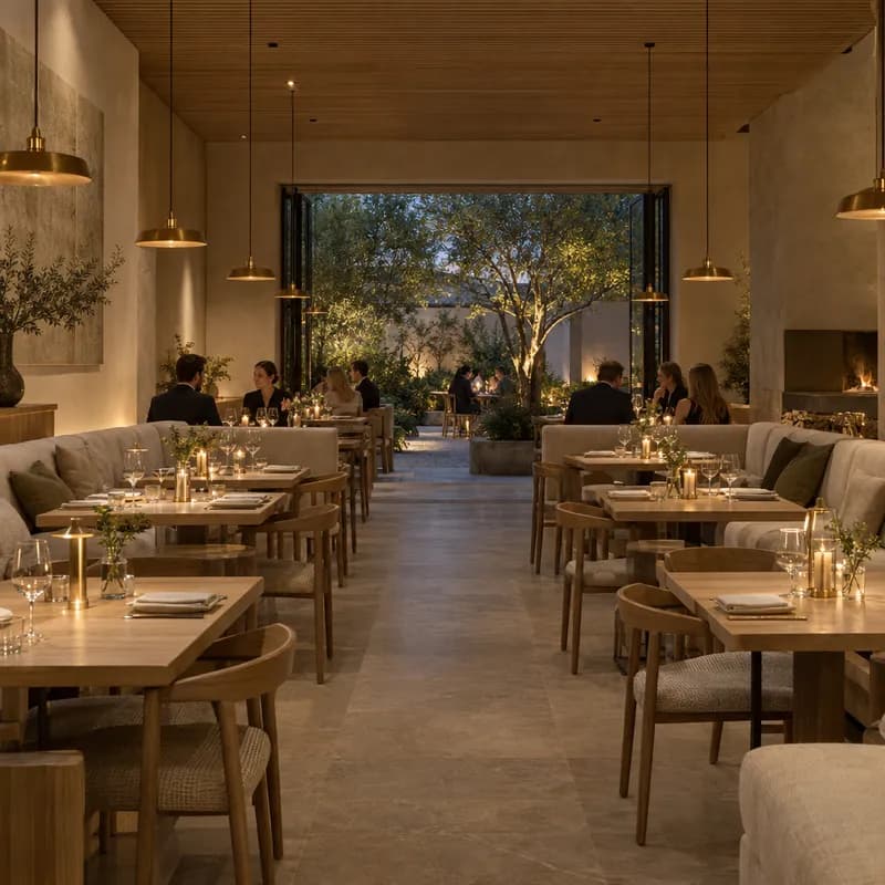 Nordic restaurant dining room with clear circulation and warm evening light