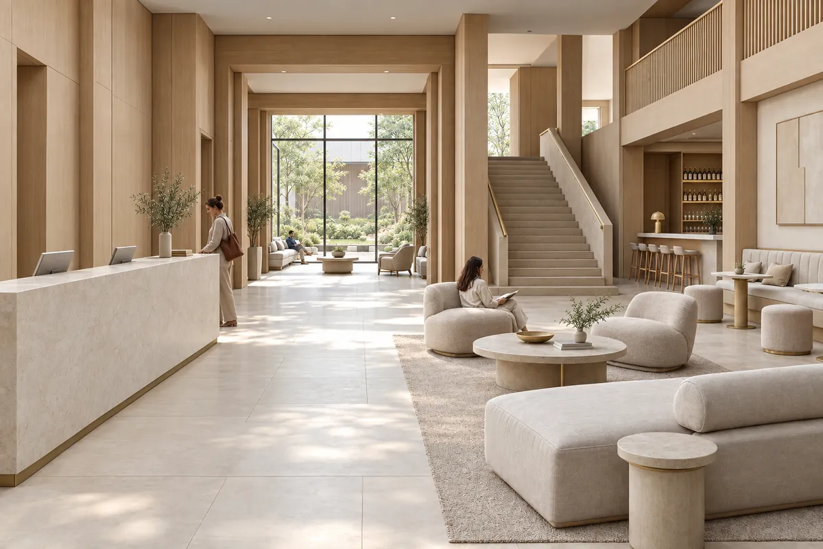 Daylight hotel lobby study derived from the same synthetic model view