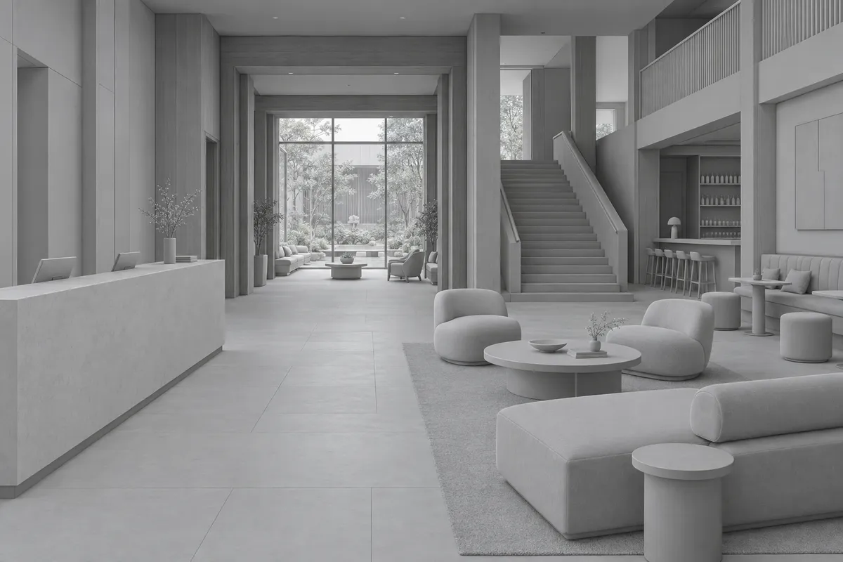 Synthetic clay model view of a boutique hotel lobby before hospitality rendering