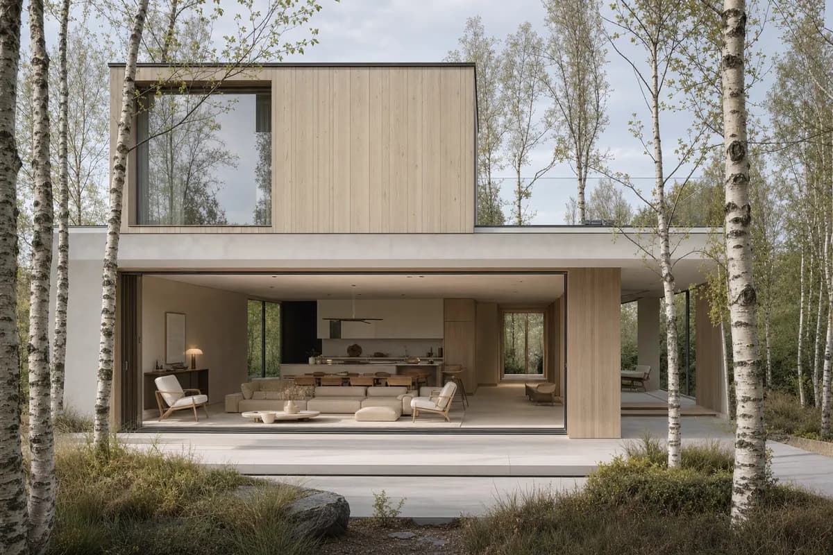 The same house rendered photorealistically, same camera and geometry