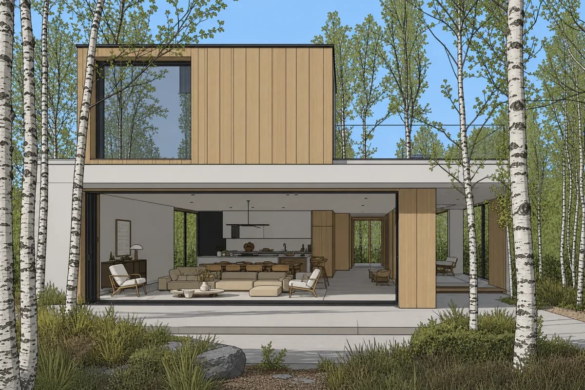 Bare SketchUp viewport of a house massing with flat grey materials