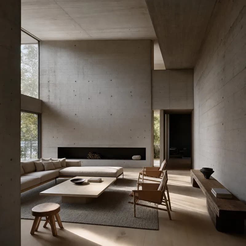 The neutral room rendered in a Brutalist Concrete interior language