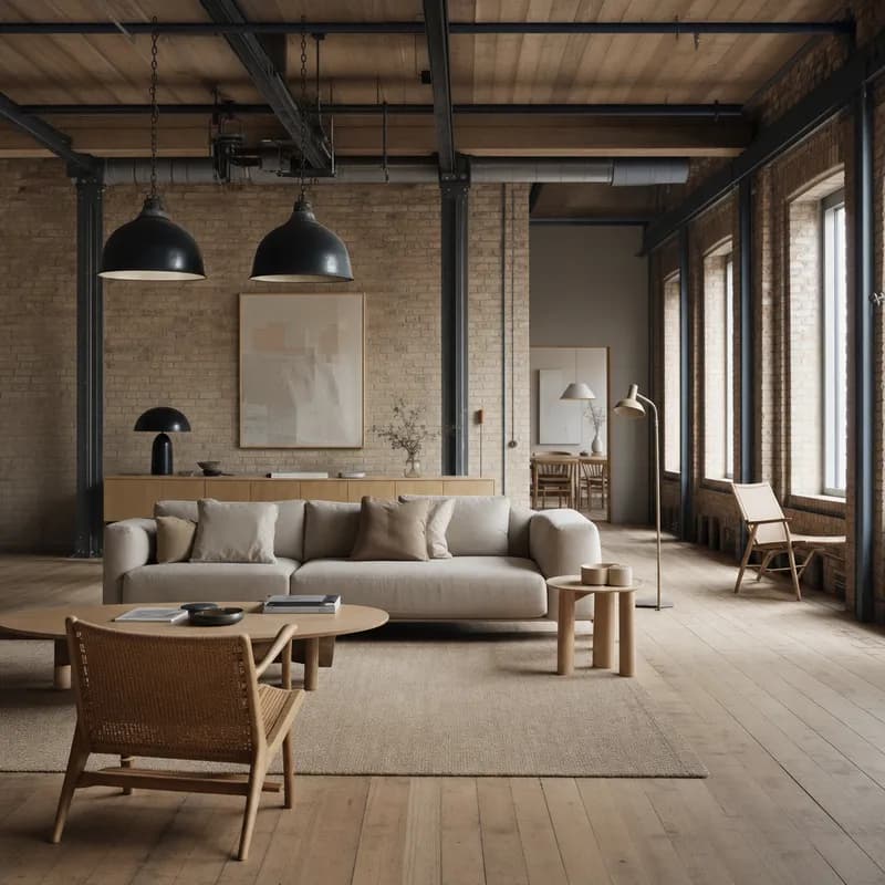 The neutral room rendered in an Industrial Loft interior language
