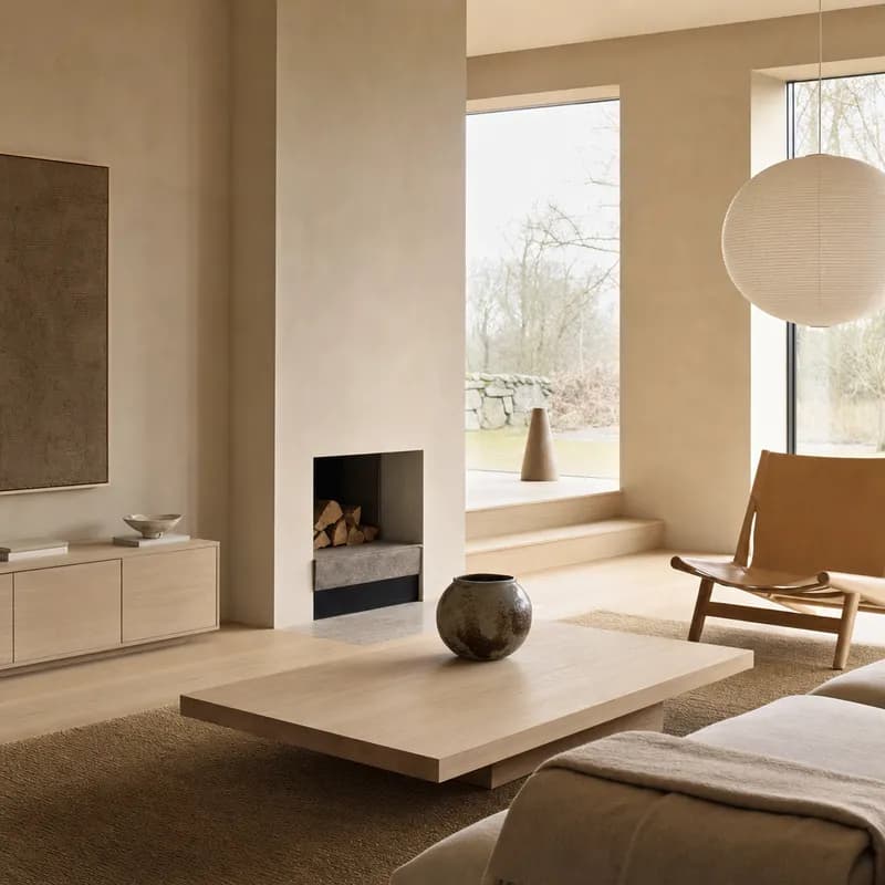 The neutral room rendered in a Japandi interior language