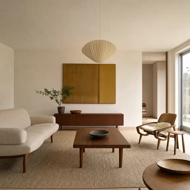 The neutral room rendered in a Mid-Century Modern interior language